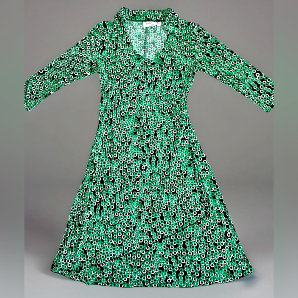Jody California VTG Stretch Wrap Dress Black/Green/White Circles S